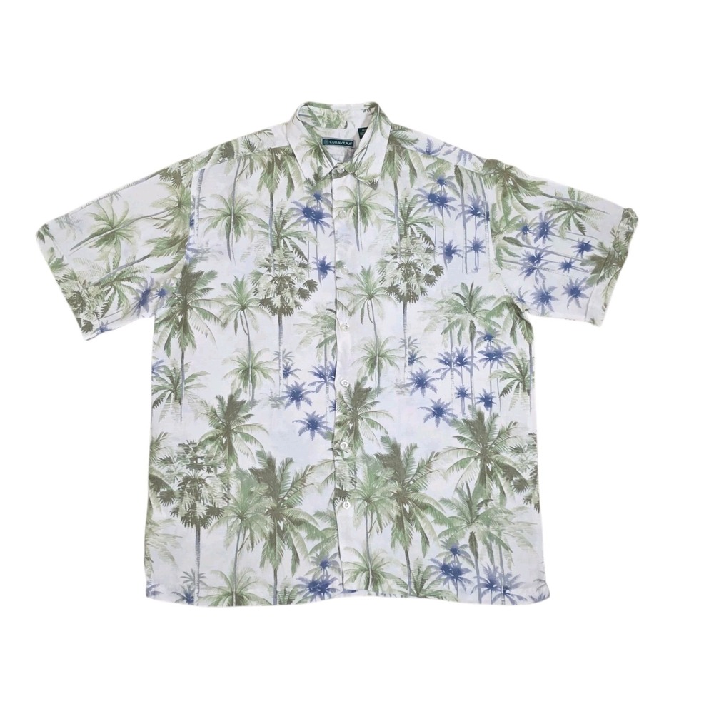 Cubavera Mens M Linen Blend Camp Shirt Palm Tree Tropical Hawaiian Button Up